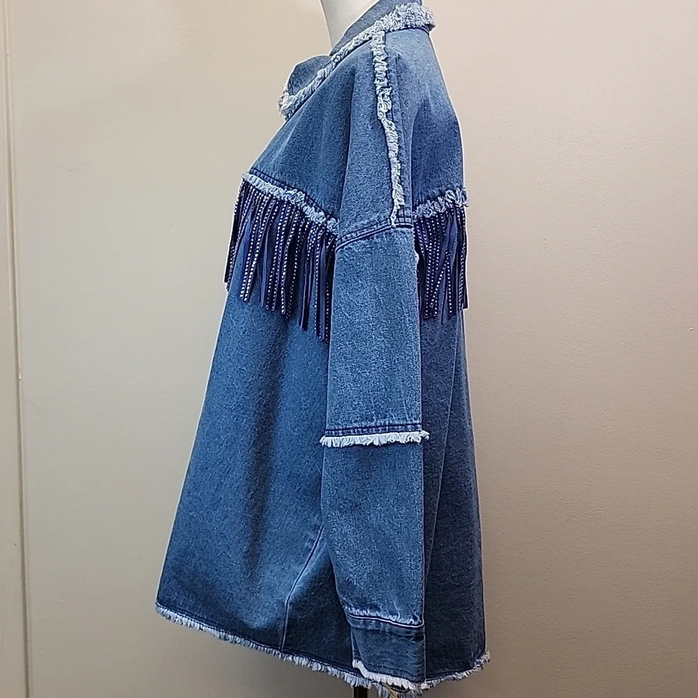 Arula Light Wash Fringe Denim Shacket Oversized Western Jacket Size 1X - Picture 3 of 8
